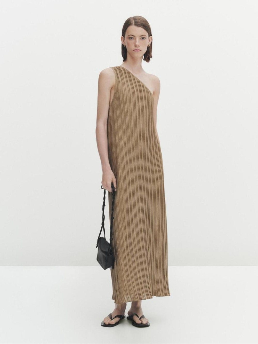 Massimo Dutti One-Shoulder Pleated Maxi Dress in Camel Brown